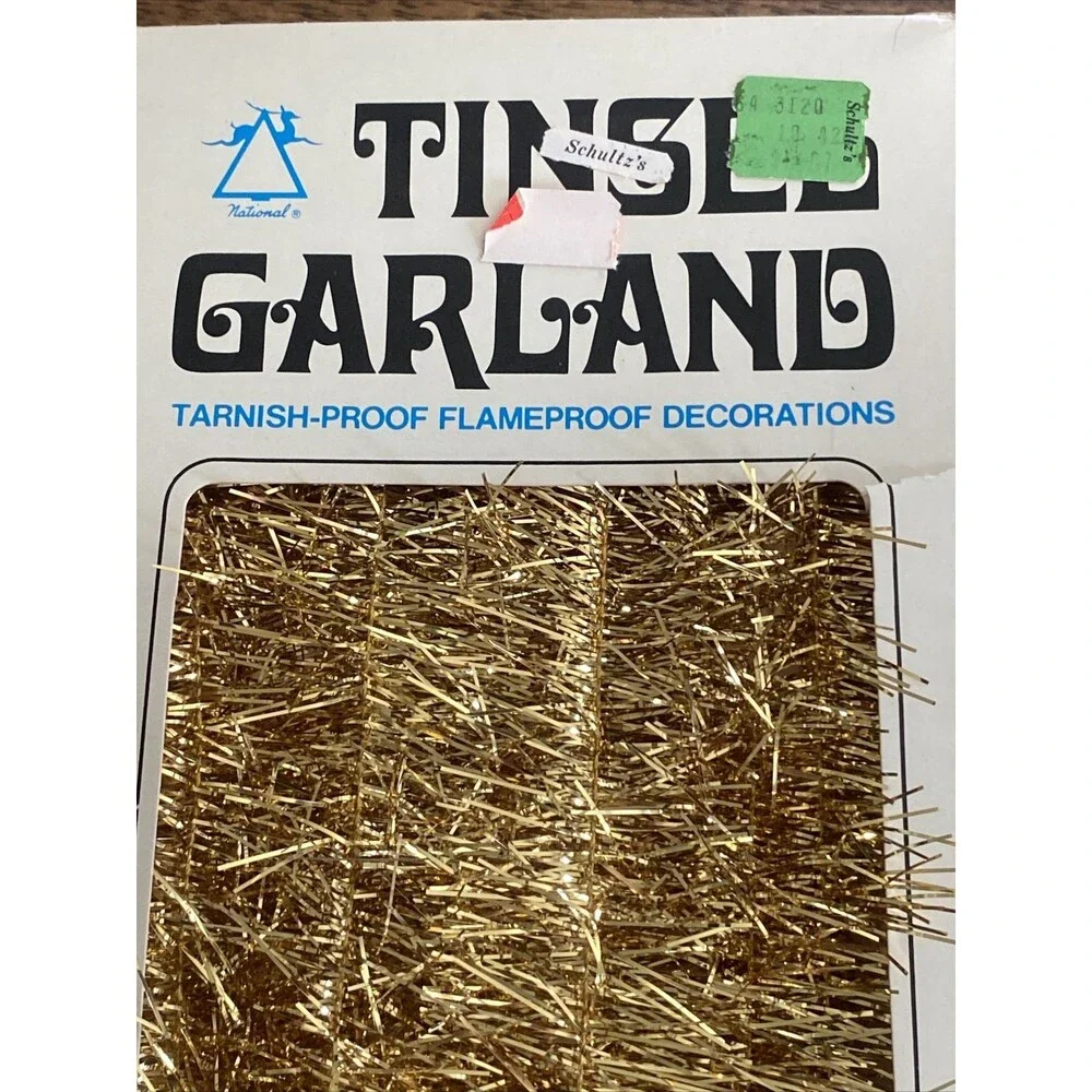Vintage Christmas Garland Gold 30+ Feet 2” Box New Old Stock NEAT BOX Holiday